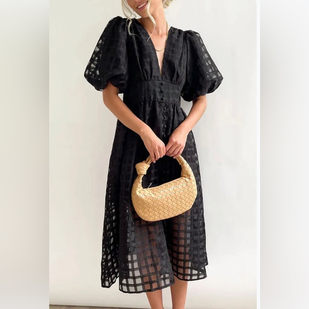 Black sheer grid midi dress